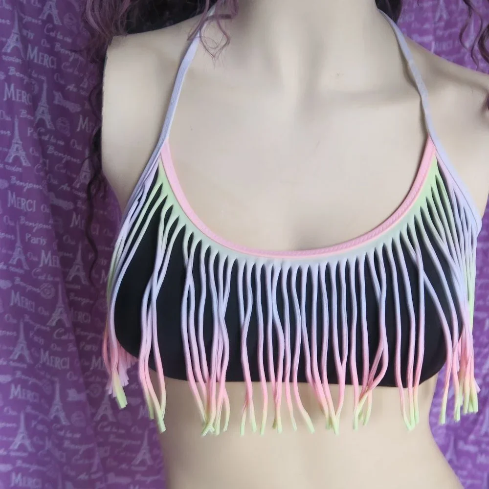 PINK Victoria's Secret fringe tie dye bikini swimsuit bathing suit top in black